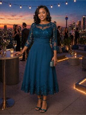 #246 Elegant Teal Lace A-Line tea-length Dress-L-Size 12